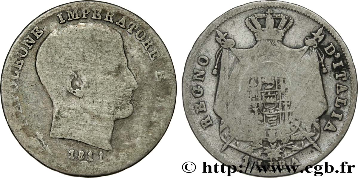 ITALY - KINGDOM OF ITALY - NAPOLEON I 1 Lire 1811 Bologne VG 