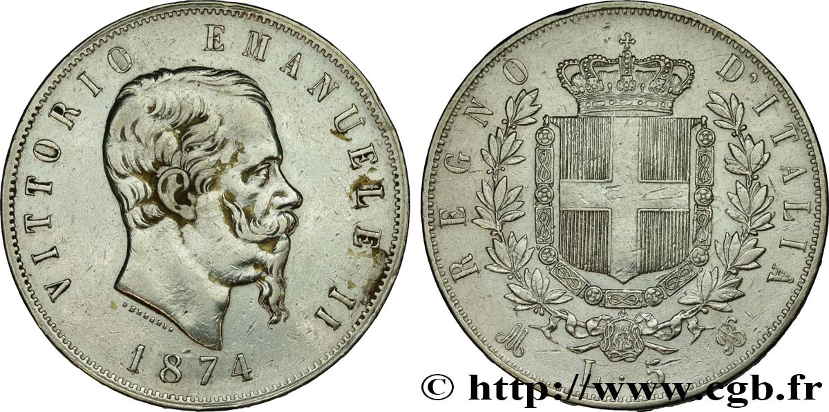 ITALIE 5 Lire Victor Emmanuel II 1874 Milan TB+
