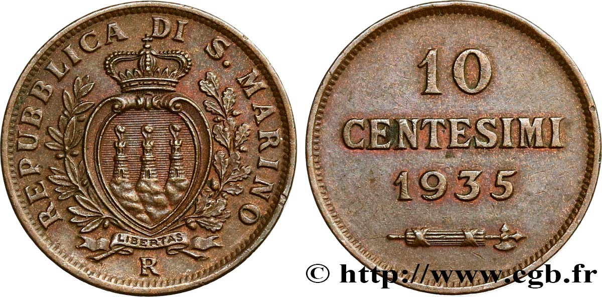 SAN MARINO 10 Centesimi écu aux trois tours 1935 Rome - R AU