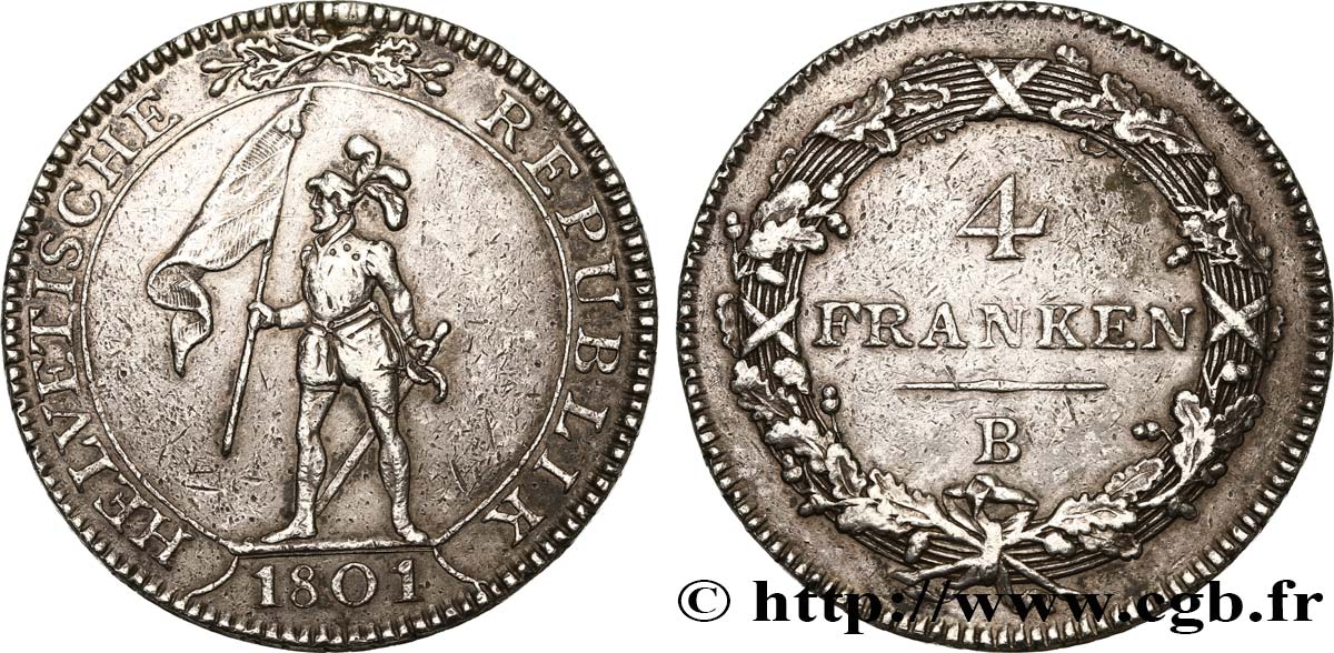 SWITZERLAND - HELVETIC REPUBLIC 4 Franken 1801 Berne XF 