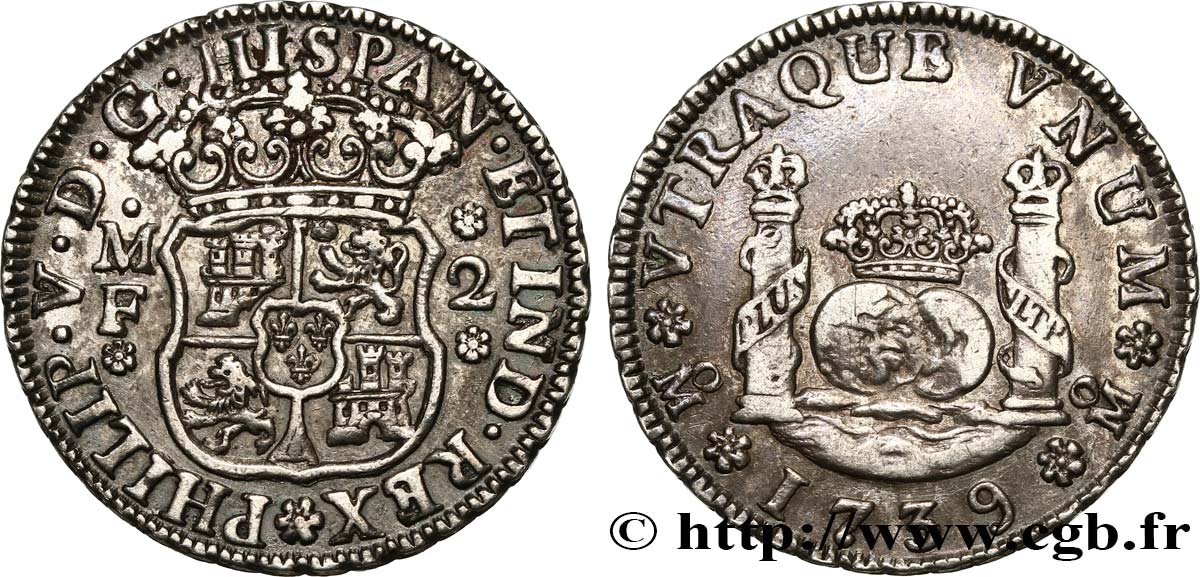 MEXICO 2 Reales Philippe V 1739 Mexico AU/XF