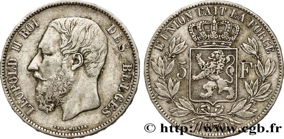 BELGIQUE 5 Francs Léopold II 1870 TTB