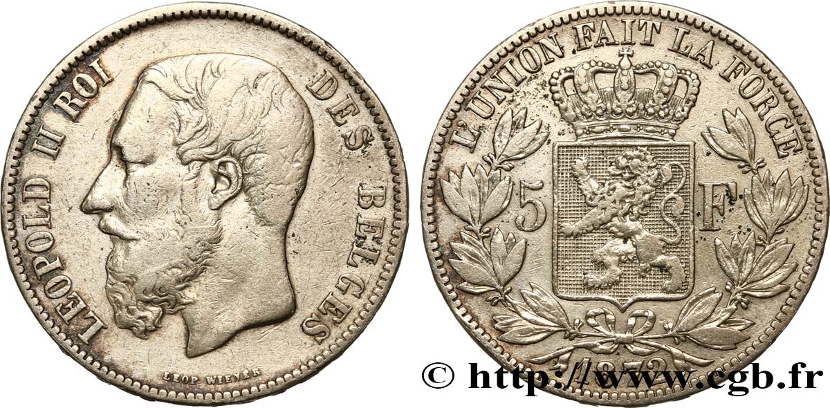 BELGIQUE 5 Francs Léopold II 1872 TB