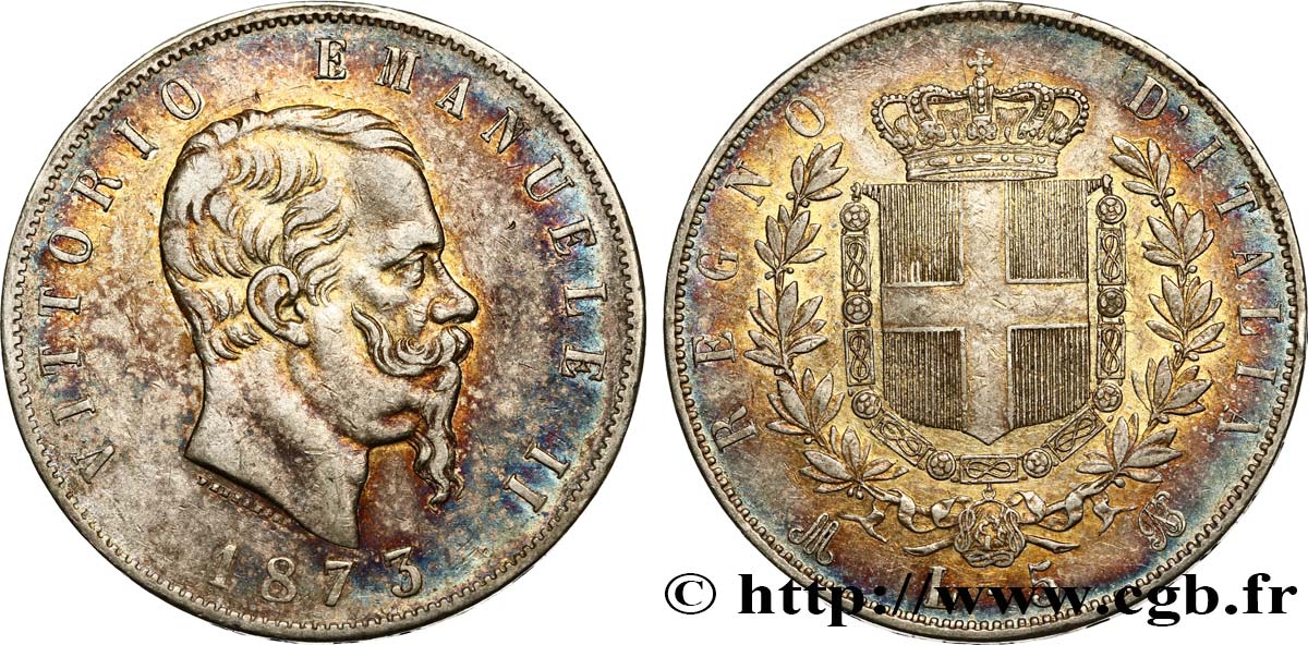 ITALIE 5 Lire Victor Emmanuel II 1873 Milan TTB