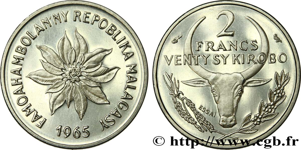 MADAGASCAR Essai de 2 Francs buffle / fleur 1965 Paris FDC