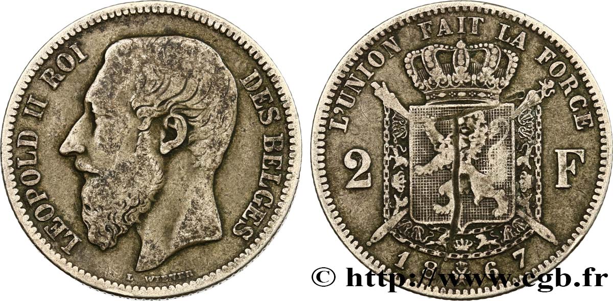 BELGIQUE 2 Francs Léopold II légende française 1867 TB