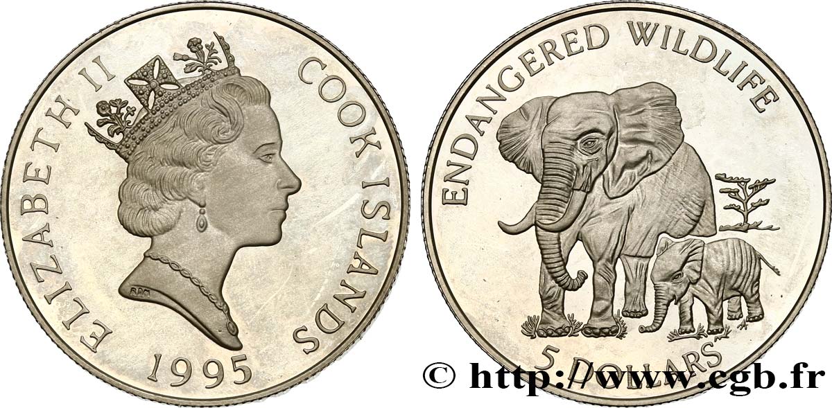 ÎLES COOK 5 Dollars Proof - Elephants 1995 SPL