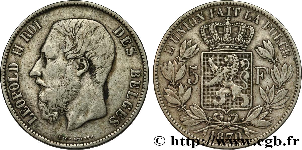 BELGIQUE 5 Francs Léopold II 1870 TB+