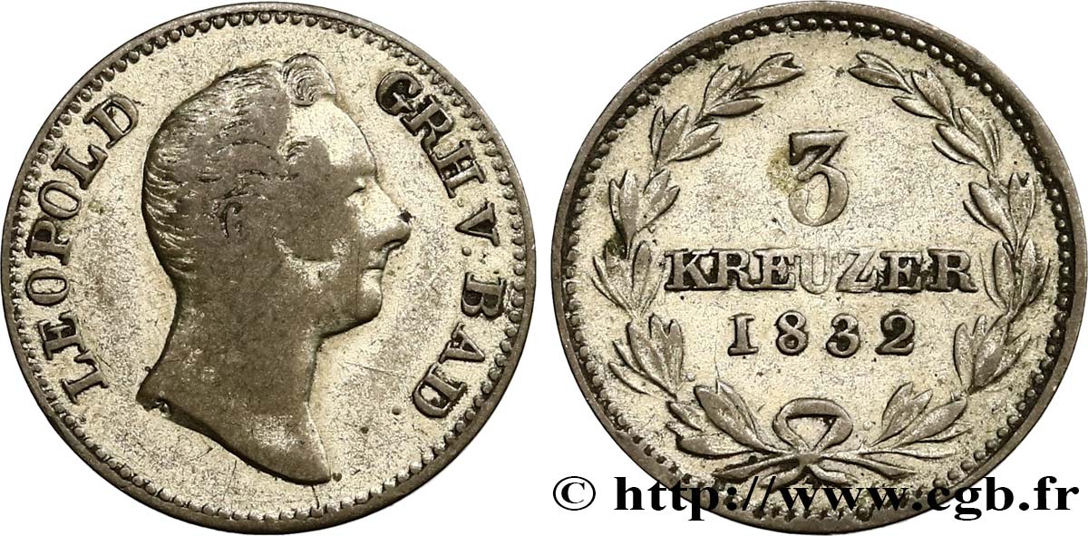 GERMANY - BADEN 3 Kreuzer Léopold 1832 Karlsruhe VF