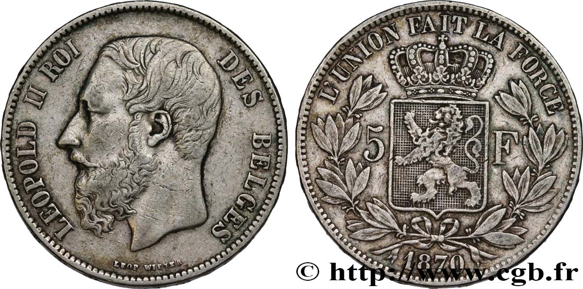 BELGIQUE 5 Francs Léopold II 1870 TB+