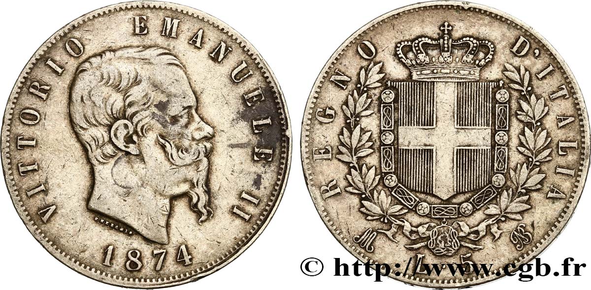 ITALIE 5 Lire Victor Emmanuel II 1874 Milan TB+