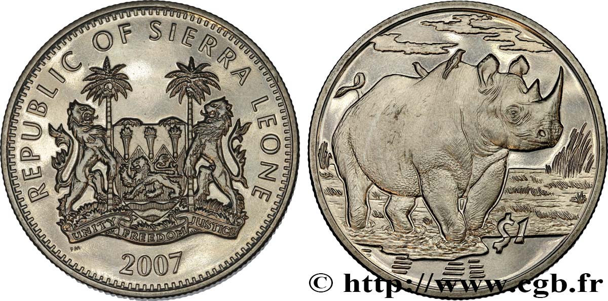 SIERRA LEONE 1 Dollar Proof rhinocéros 2007 fST