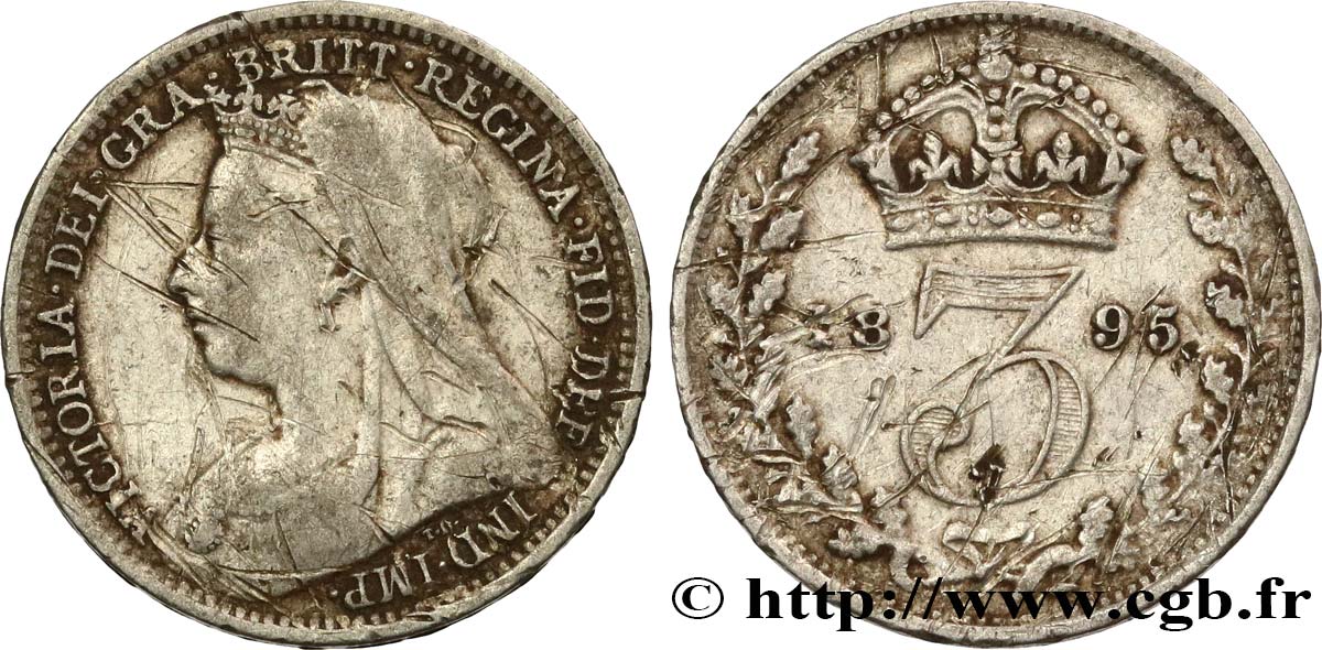 ROYAUME-UNI 3 Pence Victoria “Old Head” 1895 TB+