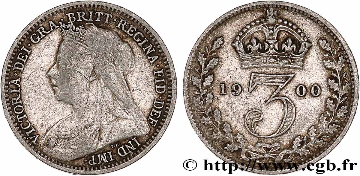 VEREINIGTEN KÖNIGREICH 3 Pence Victoria buste au voile 1900 fSS
