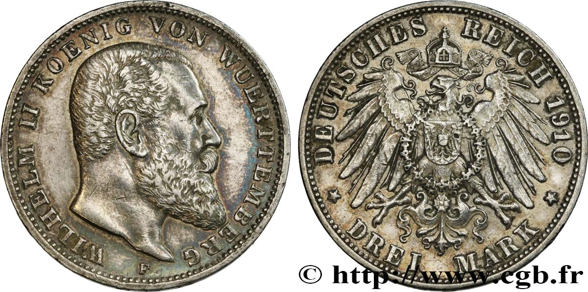 GERMANY - WÜRTTEMBERG 3 Mark Guillaume II 1910 Stuttgart XF