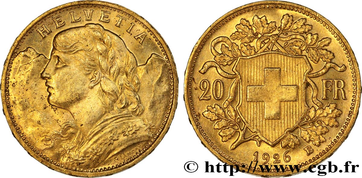 SWITZERLAND 20 Francs  Vreneli  1926 Berne MS 