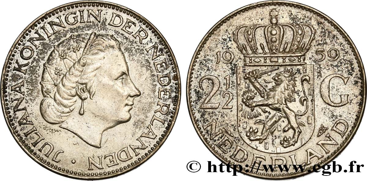 NETHERLANDS 2 1/2 Gulden Juliana 1959 Utrecht AU