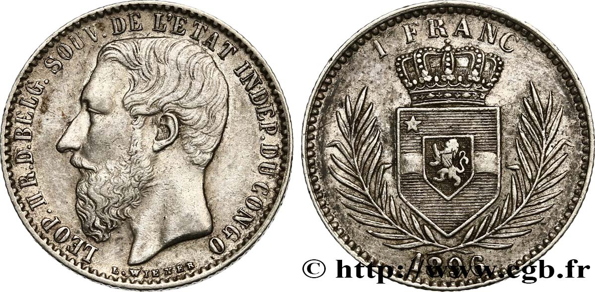BELGIUM - CONGO FREE STATE 1 Franc Léopold II 1896  AU 