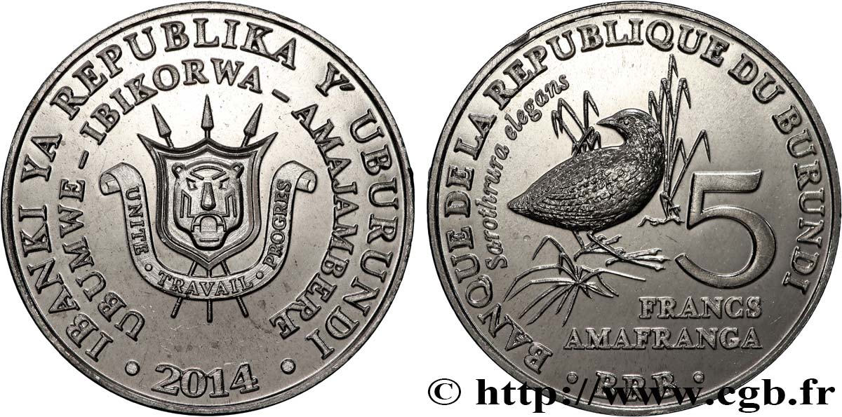 BURUNDI 5 Francs râle ponctué 2014  MS 