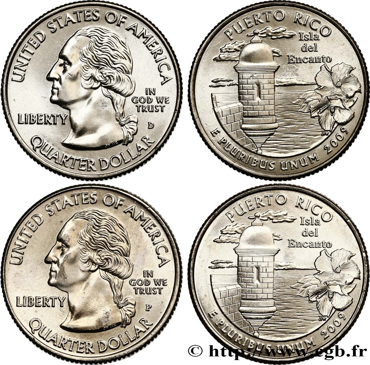 UNITED STATES OF AMERICA Lot de 2 monnaies 1/4 Dollar Commonwealth de Puerto Rico 2009 Philadelphie + Denver MS 