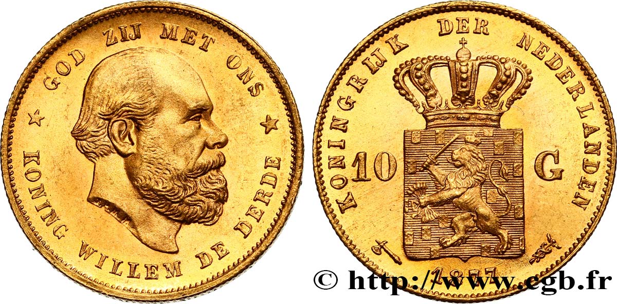 PAYS-BAS 10 Gulden Guillaume III, 2e type 1877 Utrecht SPL 