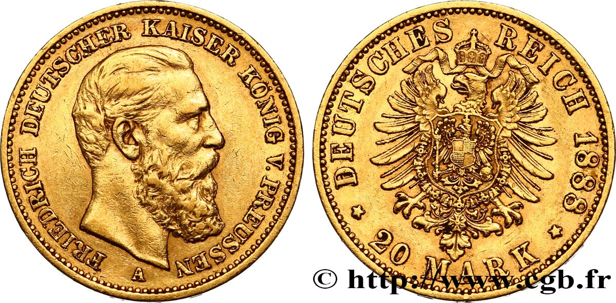 ALLEMAGNE - PRUSSE 20 Mark Frédéric III 1888 Berlin TTB