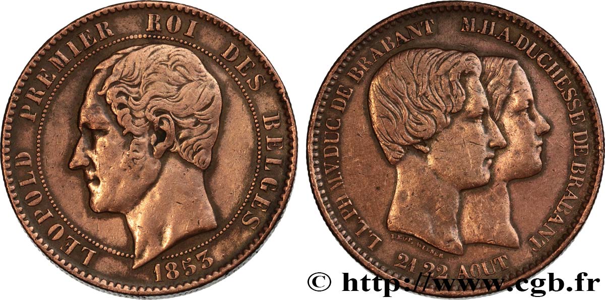 BELGIEN 10 Centimes Mariage du Duc et de la Duchesse de Brabant 1853 SS