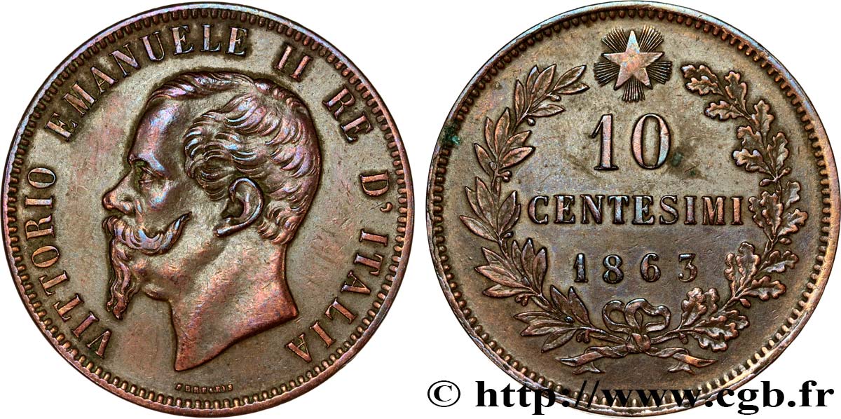 ITALIE 10 Centesimi Victor Emmanuel II 1863 TTB+