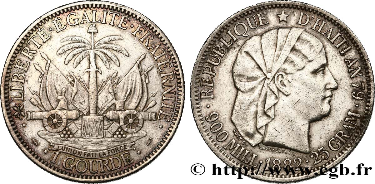 HAITI 1 Gourde “Liberté créole” de Roty 1882 Paris AU/XF 