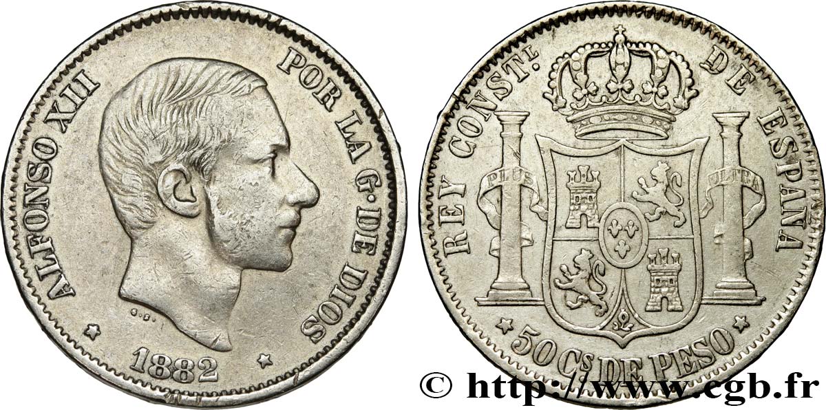 FILIPINAS 50 Centimos de Peso Alphonse XII 1882 Manille MBC 