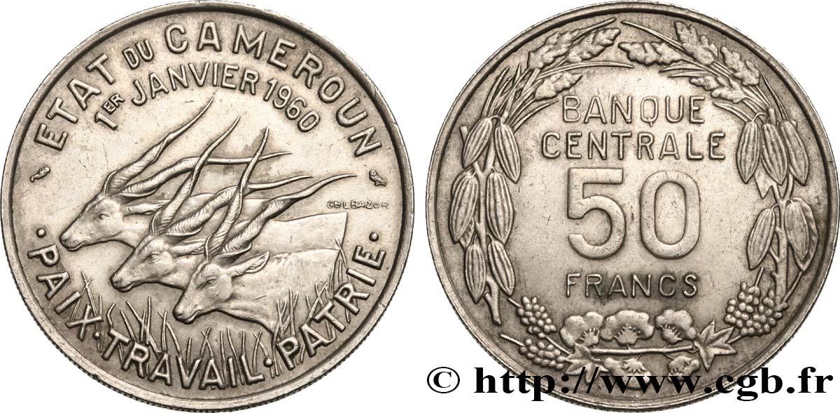 CAMEROUN 50 Francs Etat du Cameroun, commémoration de l’indépendance, antilopes 1960 Paris SUP