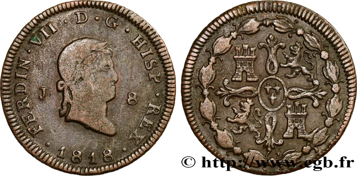 ESPAGNE 8 Maravedis Ferdinand VII 1818 Jubia B+