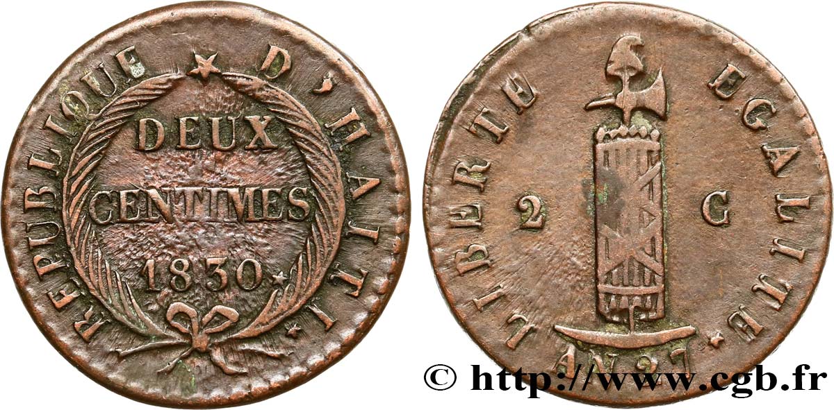 HAITI 2 Centimes faisceau, an 27 1830  VF 