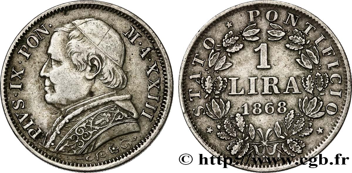 ITALY - PAPAL STATES - PIUS IX (Giovanni Maria Mastai Ferretti) 1 Lire an XXIII 1868 Rome AU 