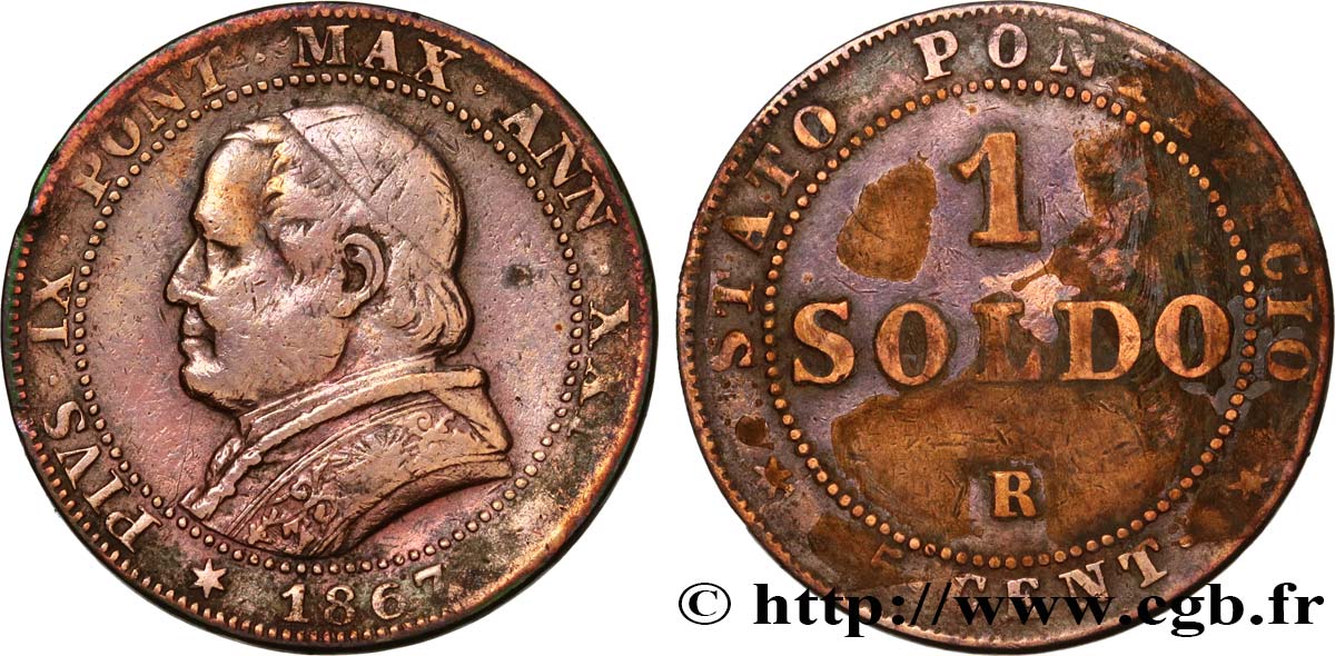 VATICAN ET ÉTATS PONTIFICAUX 1 Soldo an XXI buste large 1867 Rome TB