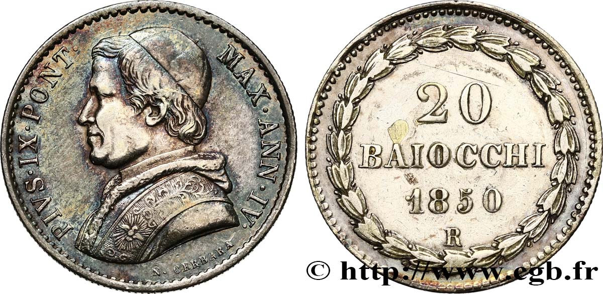 VATICAN ET ÉTATS PONTIFICAUX 20 Baiocchi Pie IX an IV 1850 Rome TB+