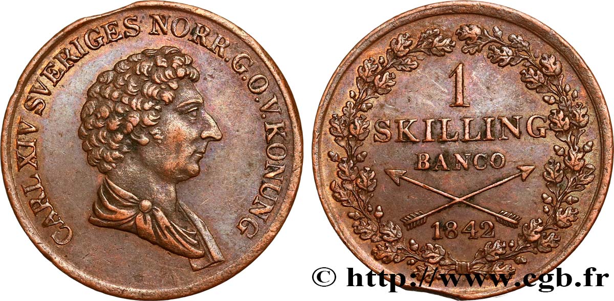 SWEDEN 1 Skilling Banco Charles XIV 1842  XF 