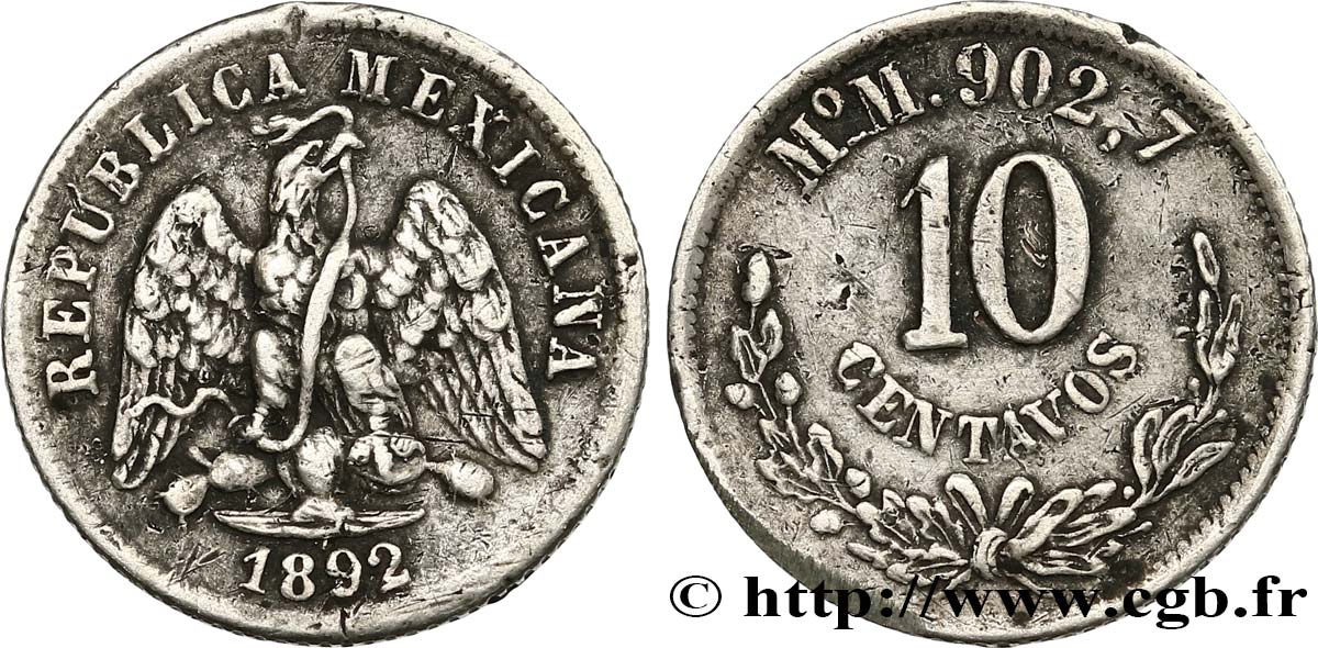 MEXICO 10 Centavos 1892 Mexico XF 