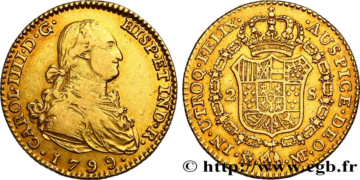 SPAIN - KINGDOM OF SPAIN - CHARLES IV 2 Escudos 1799 Madrid VF/XF 