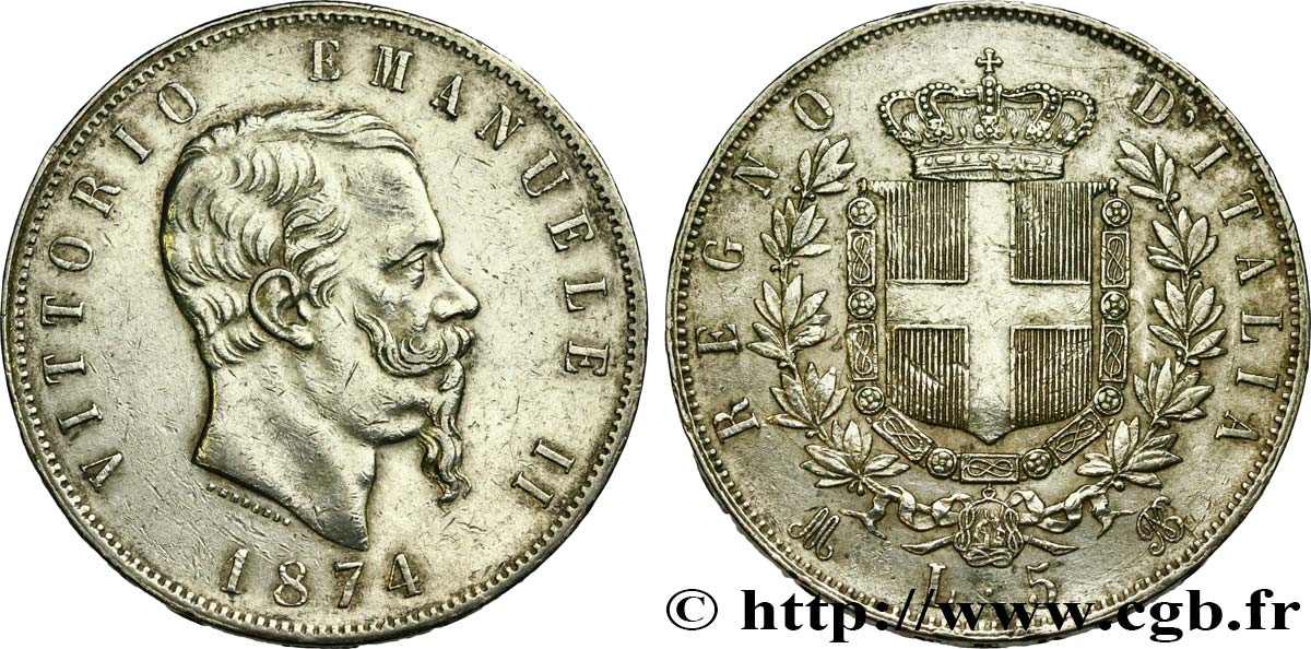 ITALIE 5 Lire Victor Emmanuel II 1874 Milan TTB