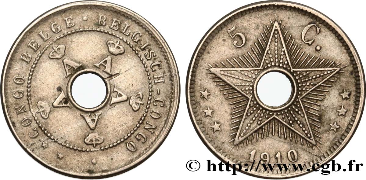 CONGO BELGE 5 Centimes monogrames du roi Albert 1910 Heaton TTB 