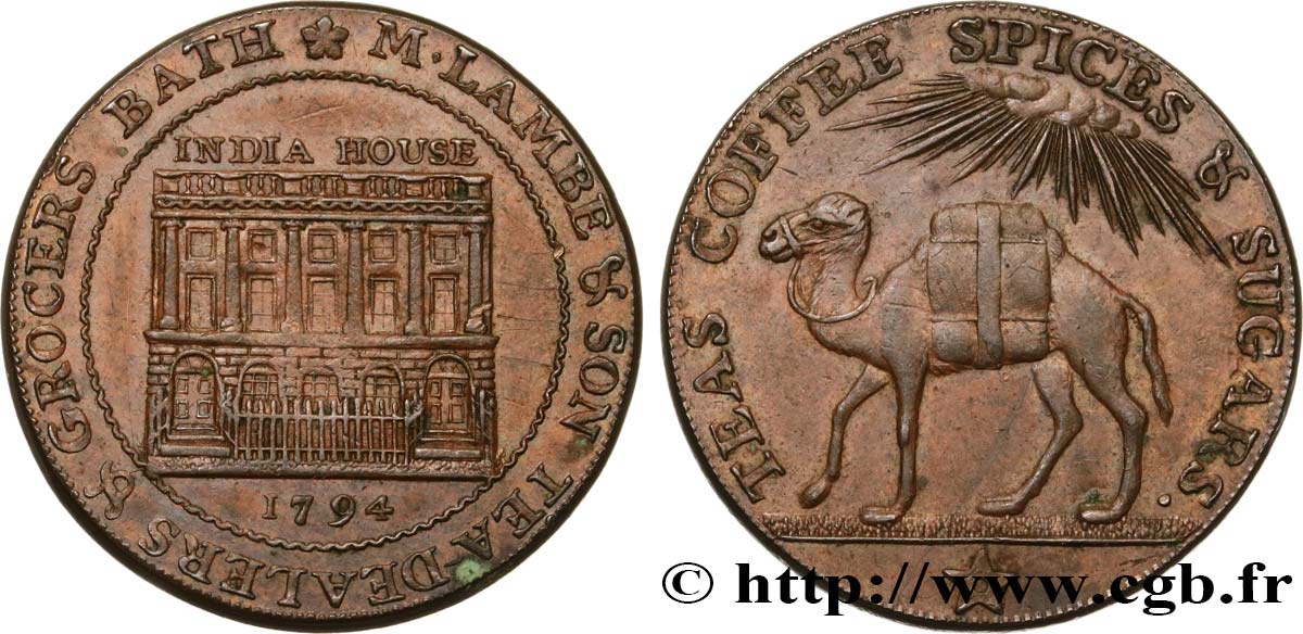 BRITISH TOKENS OR JETTONS 1 Penny, Somersetshire, Bath 1794  AU 