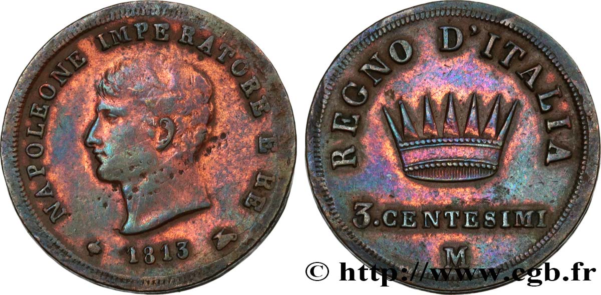 ITALIE - ROYAUME D ITALIE - NAPOLÉON Ier 3 centesimi 1813 Milan TB/TB+