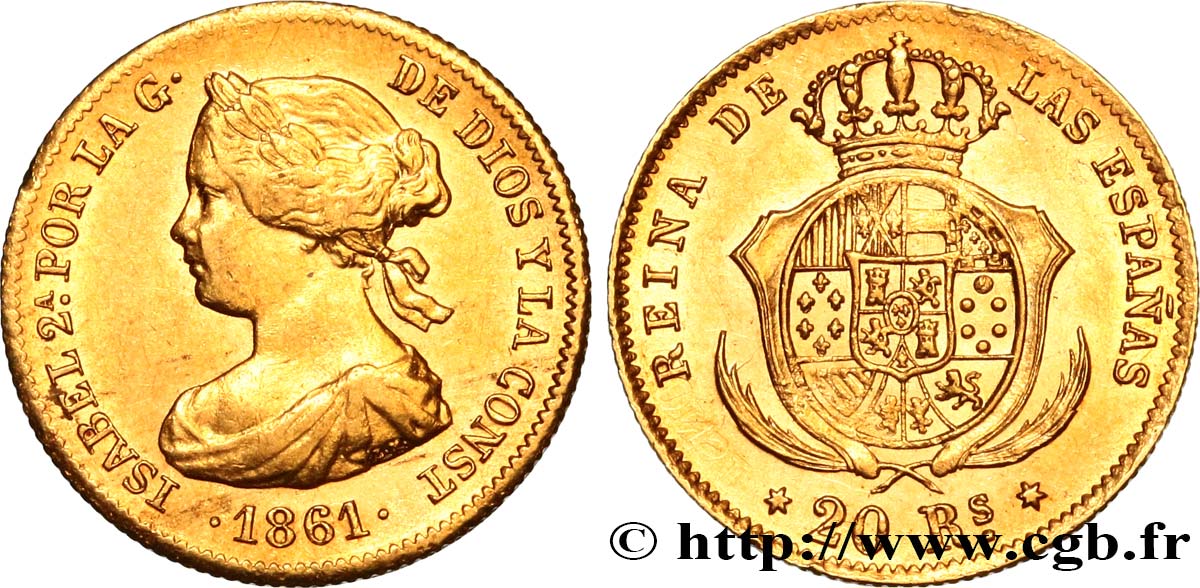 SPAIN - KINGDOM OF SPAIN - ISABELLA II 20 Reales 1861 Madrid AU 