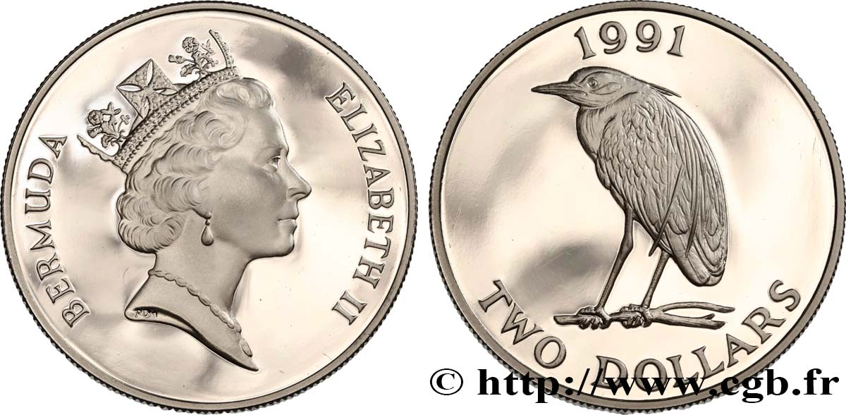 BERMUDES 2 Dollars Proof Héron 1991 SPL