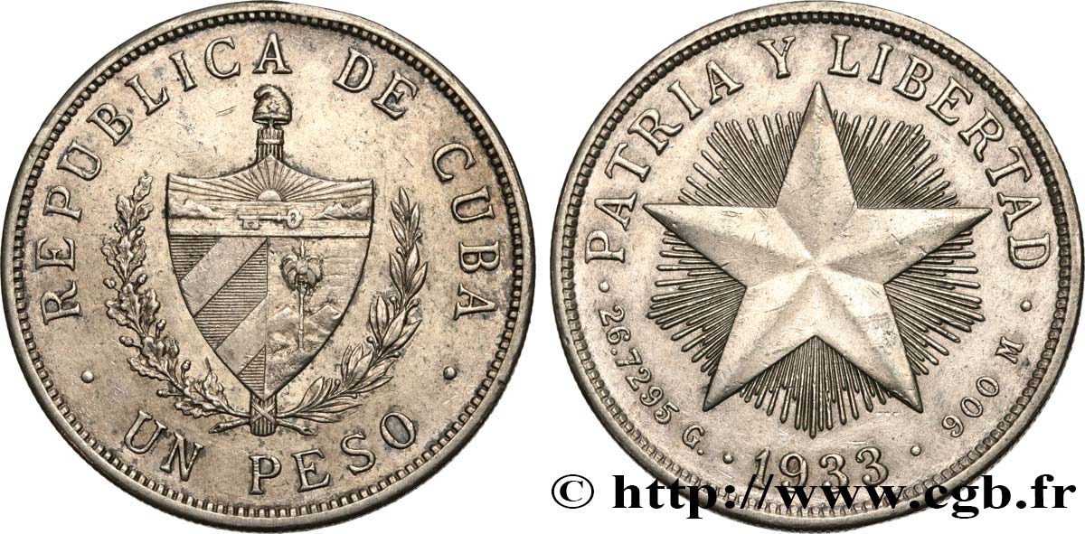 CUBA 1 Peso 1933 XF/AU