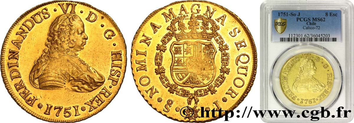 CHILE - FERDINAND VI 8 Escudos 1751 Santiago du Chili MS62 PCGS
