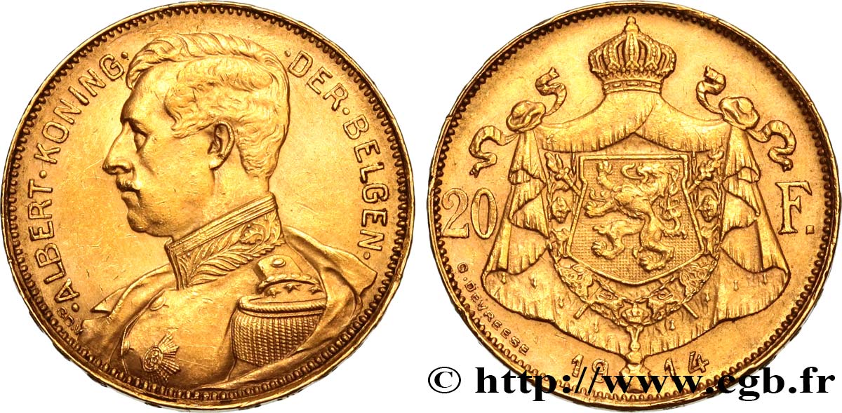 BELGIQUE 20 Francs or Albert Ier légende flamande 1914  TTB+ 