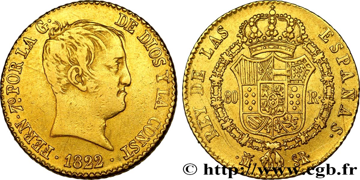 SPAIN - KINGDOM OF SPAIN - FERDINAND VII 80 Reales 1822 Madrid XF/AU 