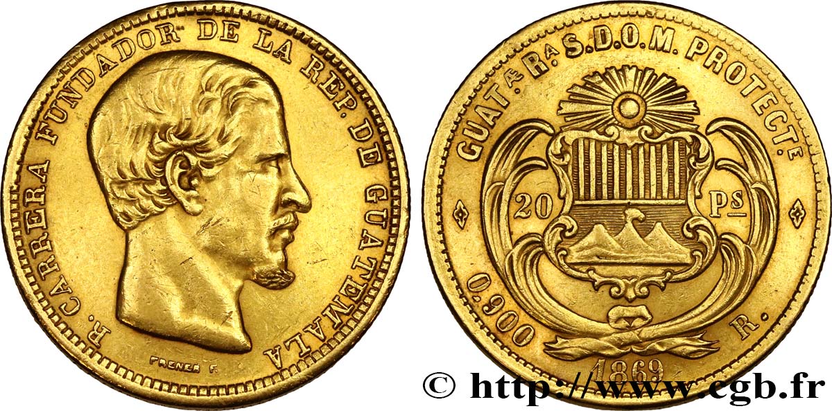 RÉPUBLIQUE DU GUATEMALA 20 Pesos Rafael Carrera 1869 Guatemala city XF 
